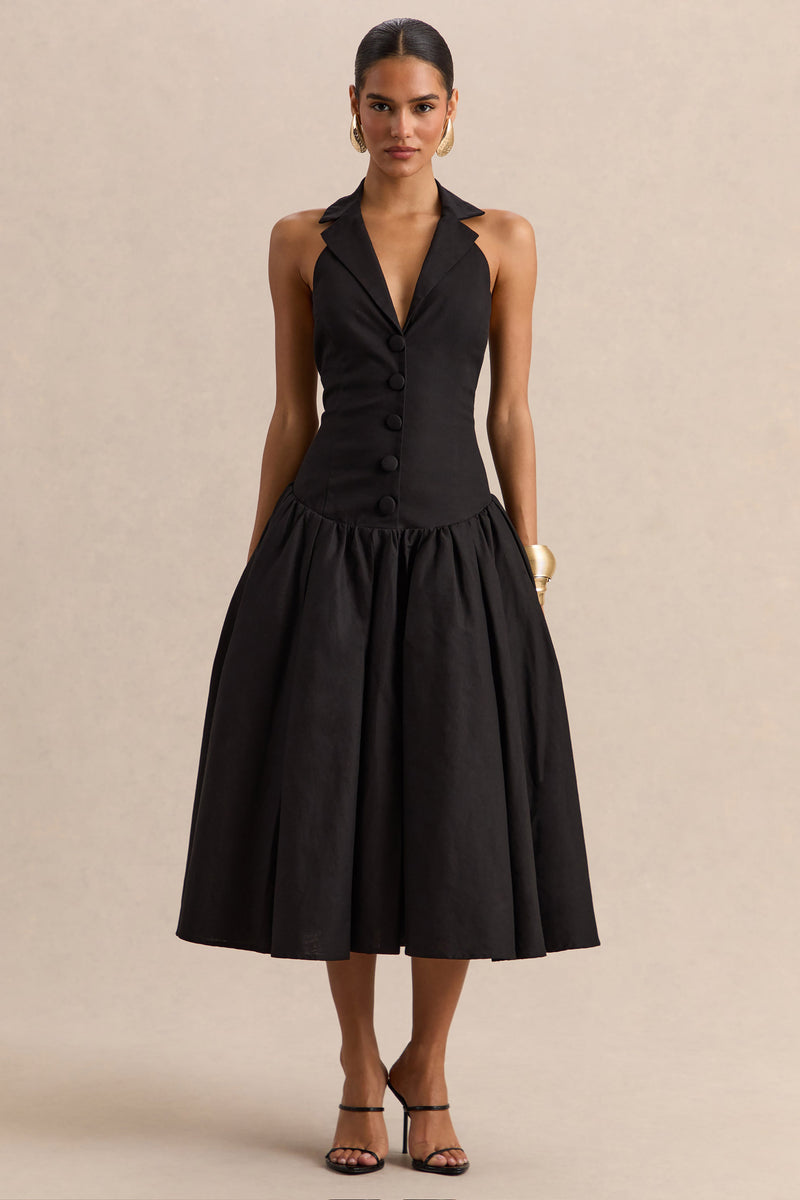 Ella | Vestido midi negro con escote pronunciado y cintura caída