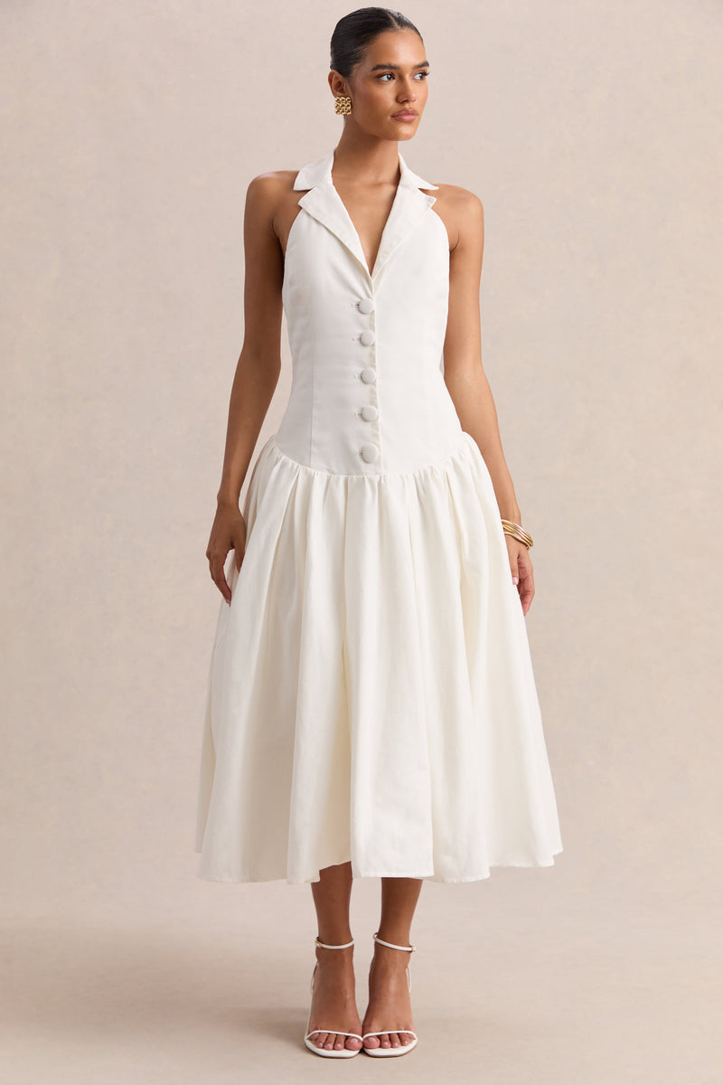 Ella | Vestido midi blanco con escote pronunciado y cintura caída