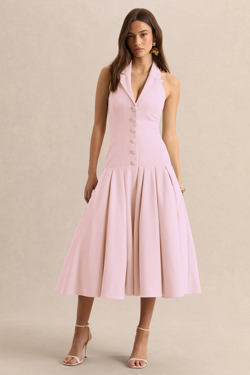 Elise | Vestido midi rosa claro con escote pronunciado y cintura caída