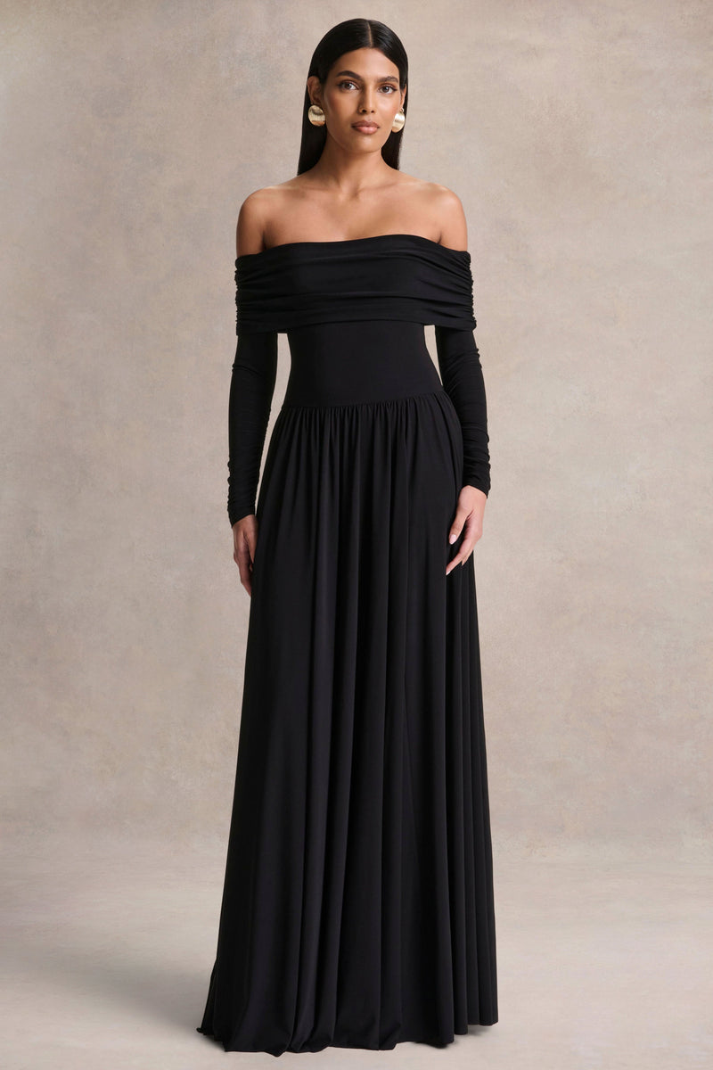 Saskia | Vestido maxi negro con escote Bardot