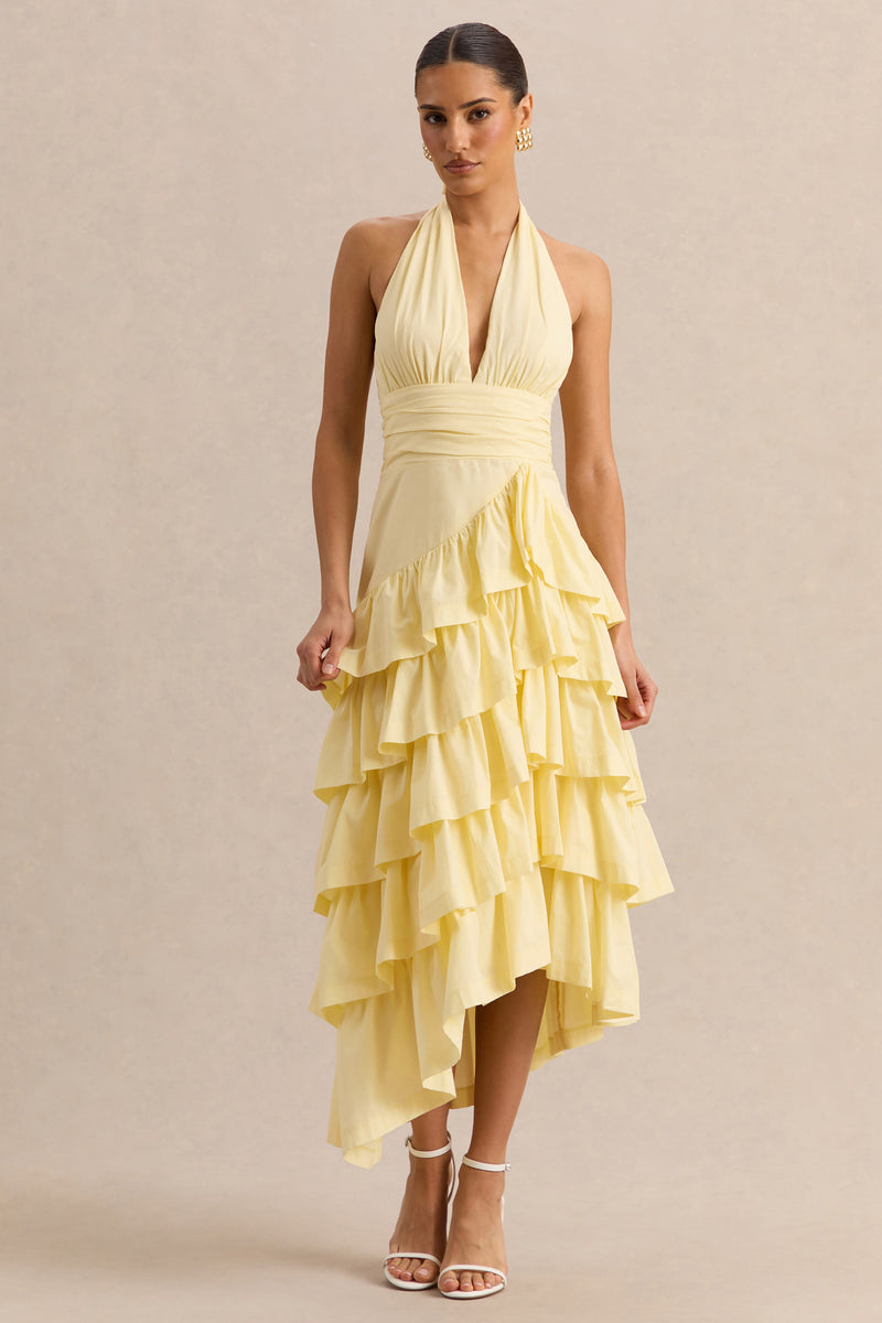 Velora | Vestido midi asimétrico color limón con falda de volantes escalonados