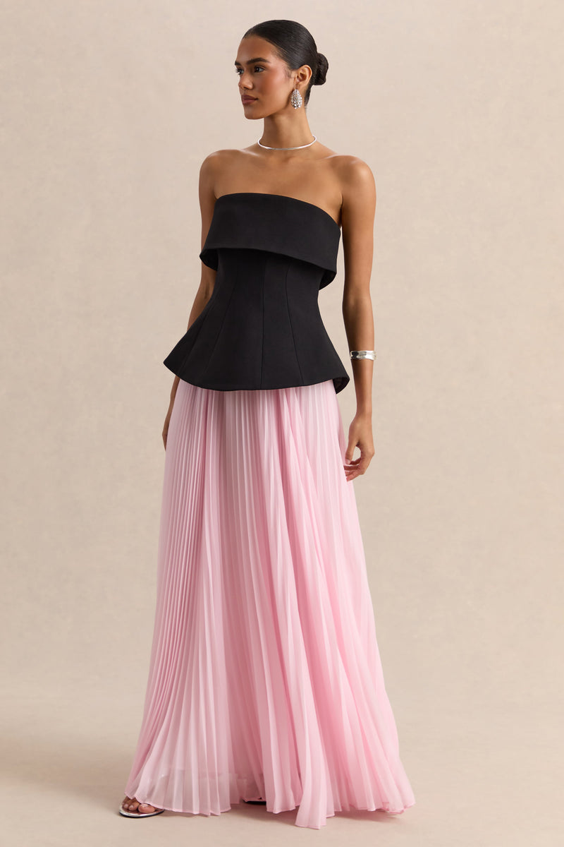 Stellara | Vestido largo tipo corsé sin tirantes negro y rosa con falda semitransparente