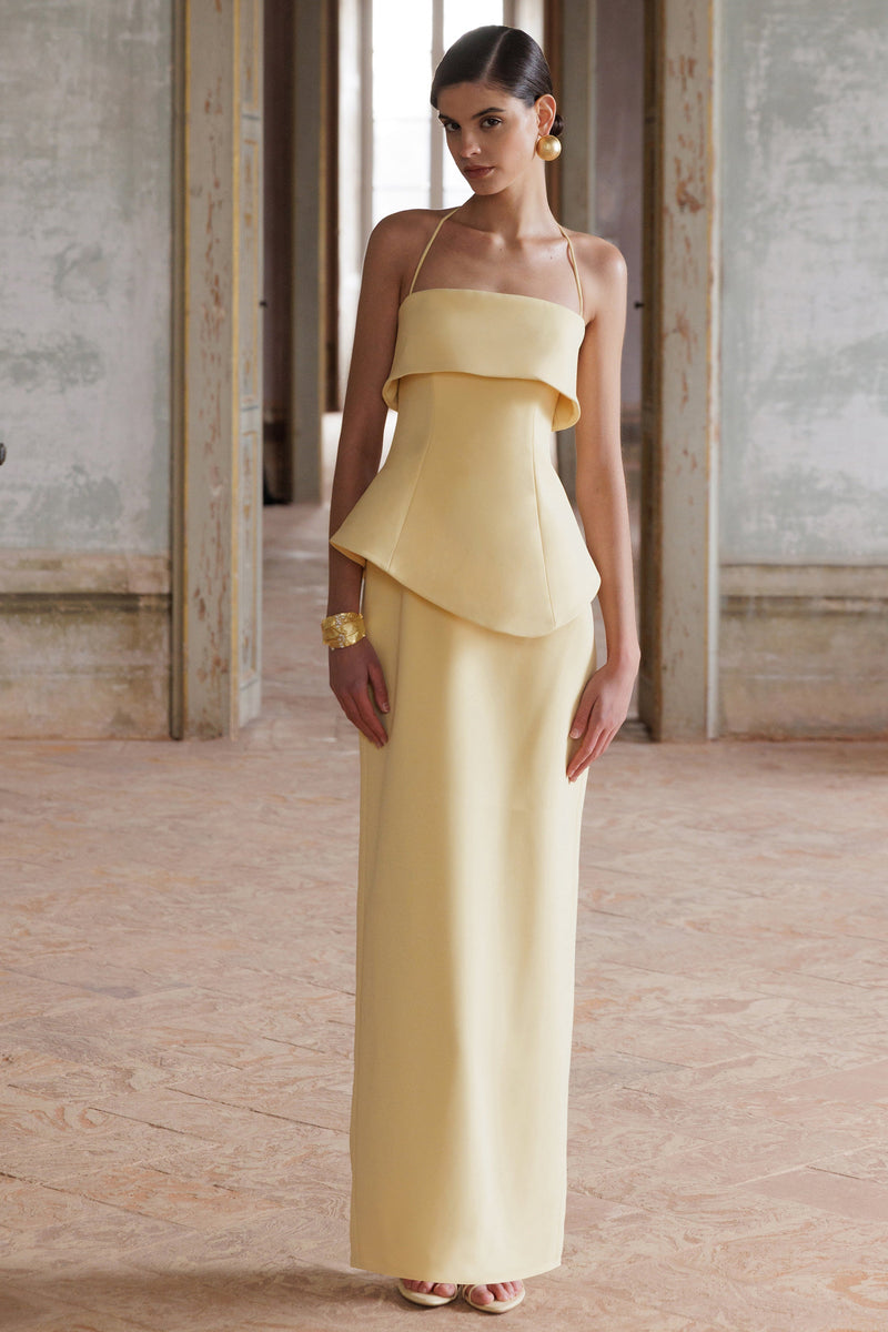Fran | Vestido largo tipo corsé con escote cuadrado color limón