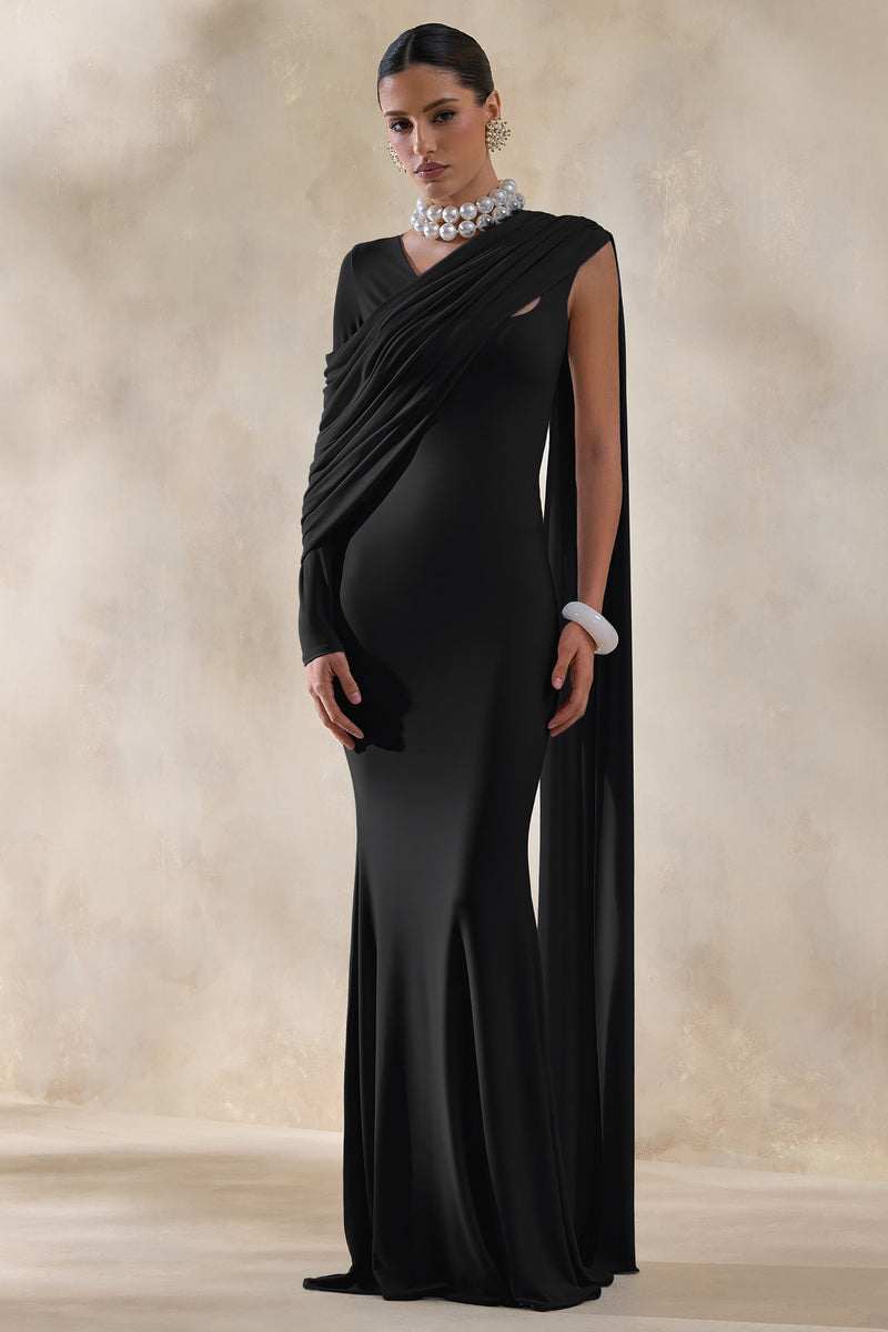 Rubelle | Vestido maxi negro con escote asimétrico y detalles drapeados