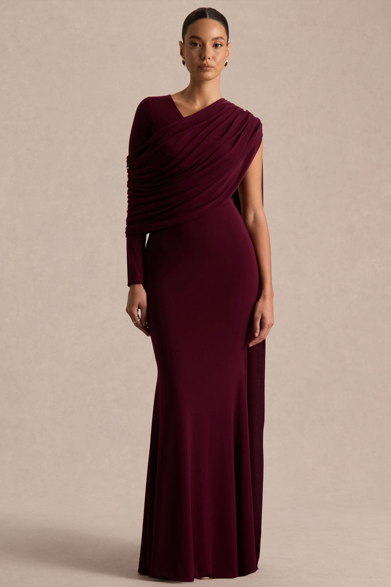 Rubelle | Vestido largo burdeos con escote asimétrico y detalle drapeado