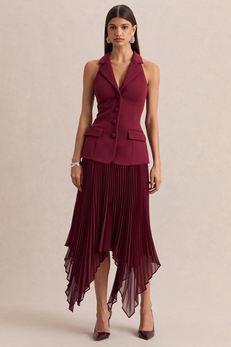 Marvelle | Vestido largo burdeos con escote pronunciado y bajo pañuelo