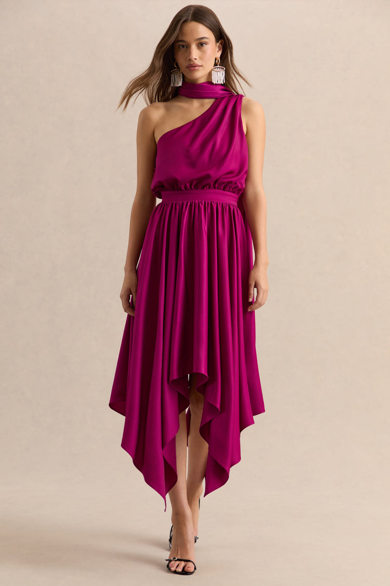 Caluna | Vestido midi de satén rosa fucsia con escote asimétrico y detalle de pañuelo