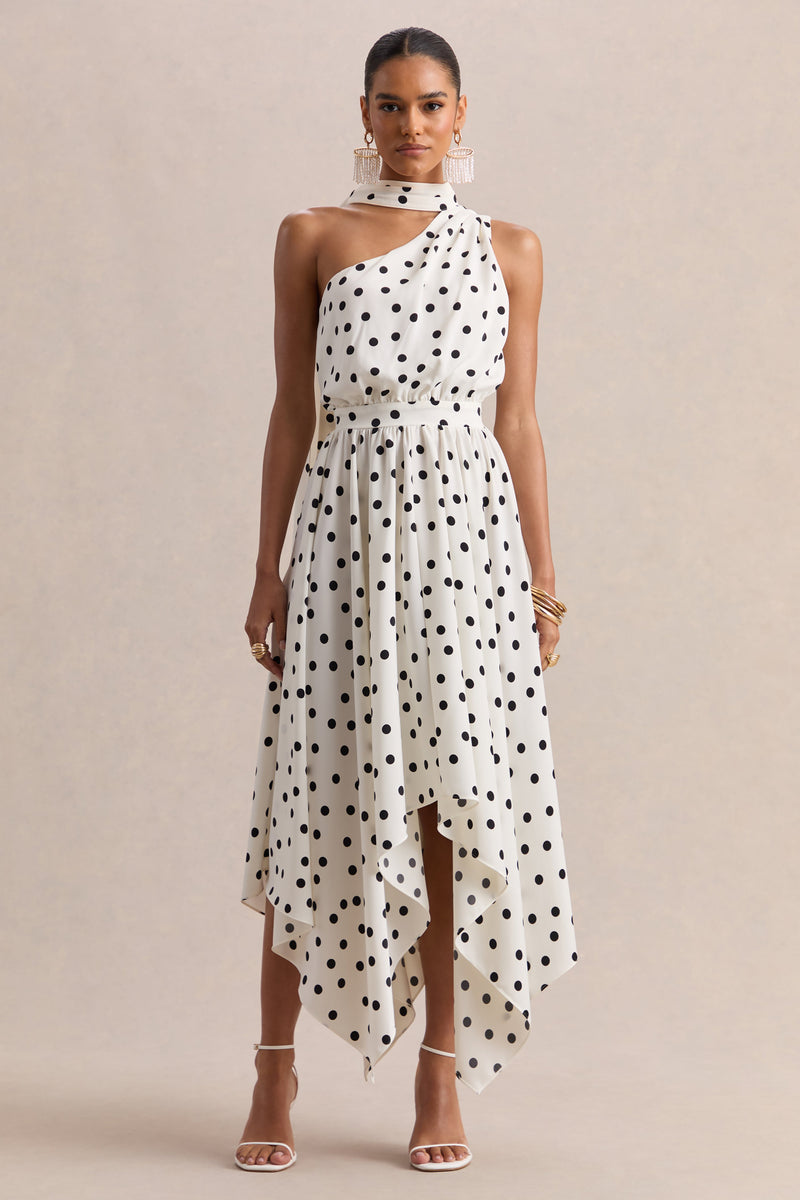 Caluna | Vestido midi de satén blanco y negro con lunares, escote asimétrico y detalle de pañuelo