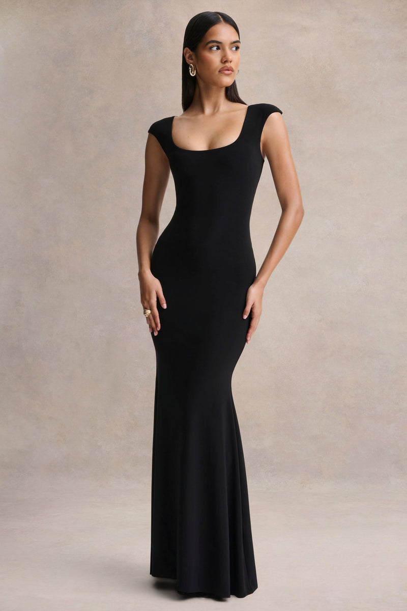 Piper | Vestido maxi negro con escote cuadrado y mangas cortas