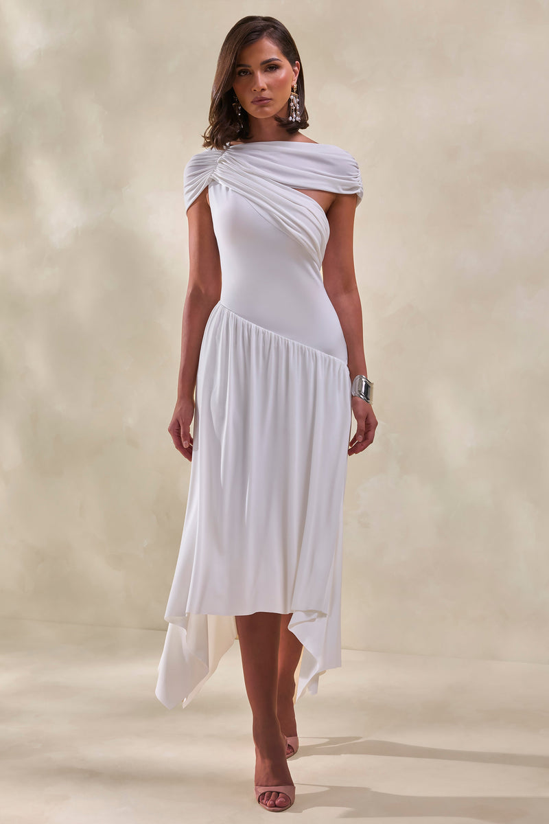 Lorina | Vestido midi blanco con cintura asimétrica