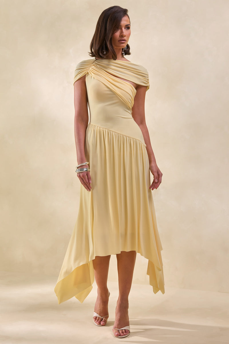 Lorina | Vestido midi color limón con cintura asimétrica