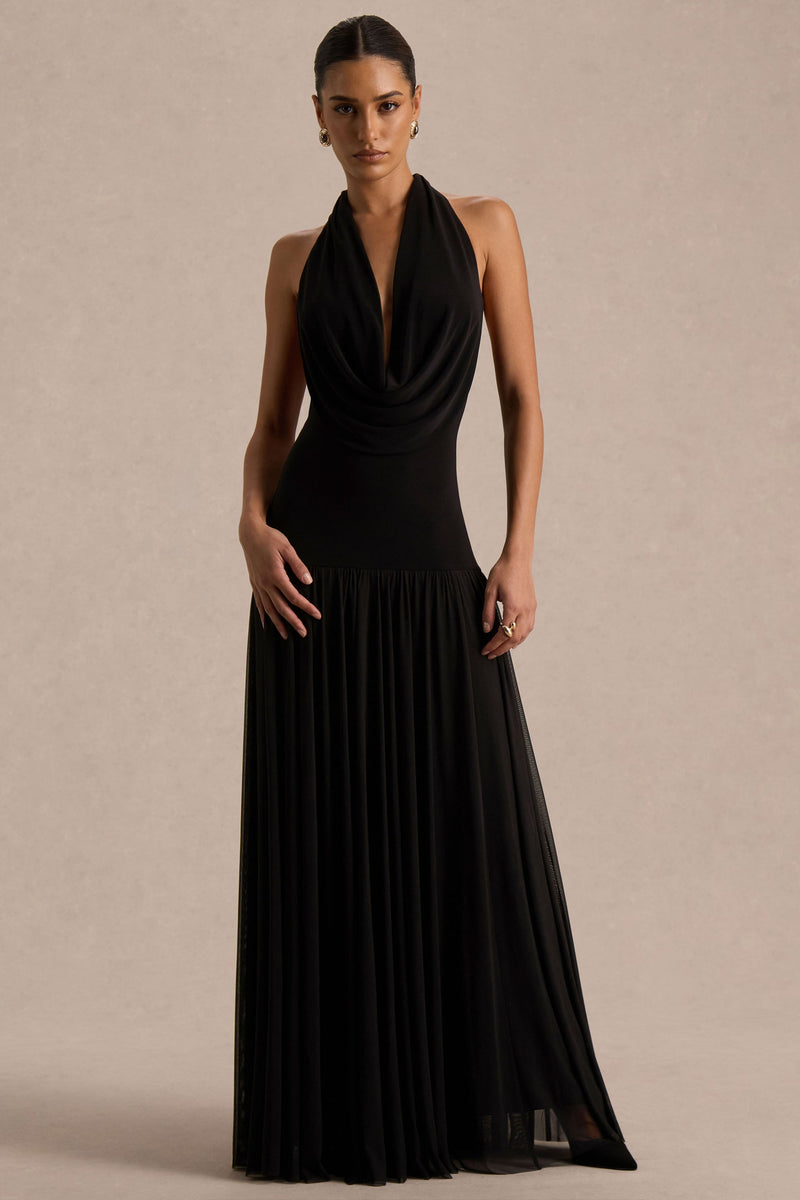 Verity | Vestido maxi negro con escote drapeado y falda semitransparente