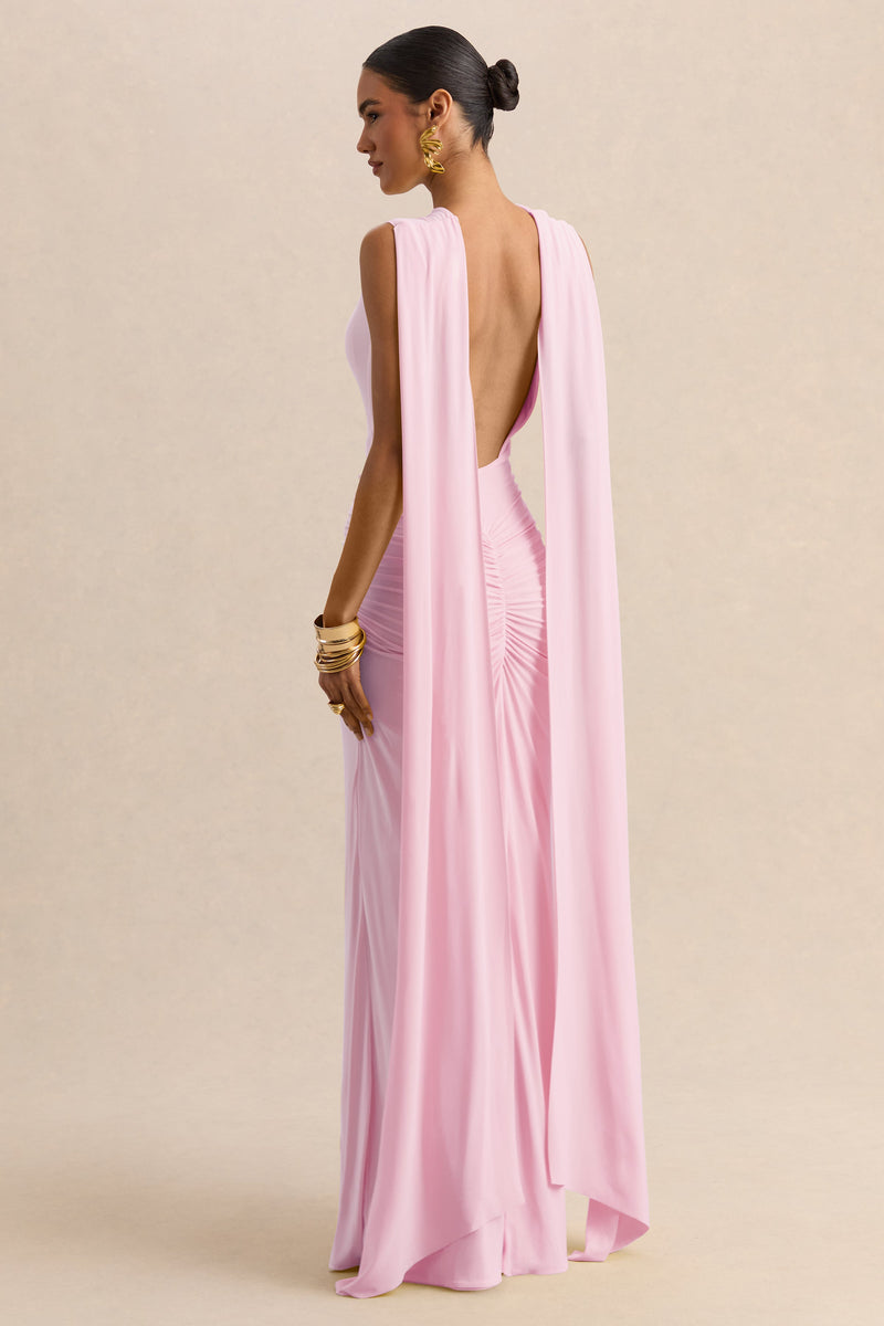 Premiere | Vestido largo rosa claro con escote barco, mangas tipo capa y espalda abierta