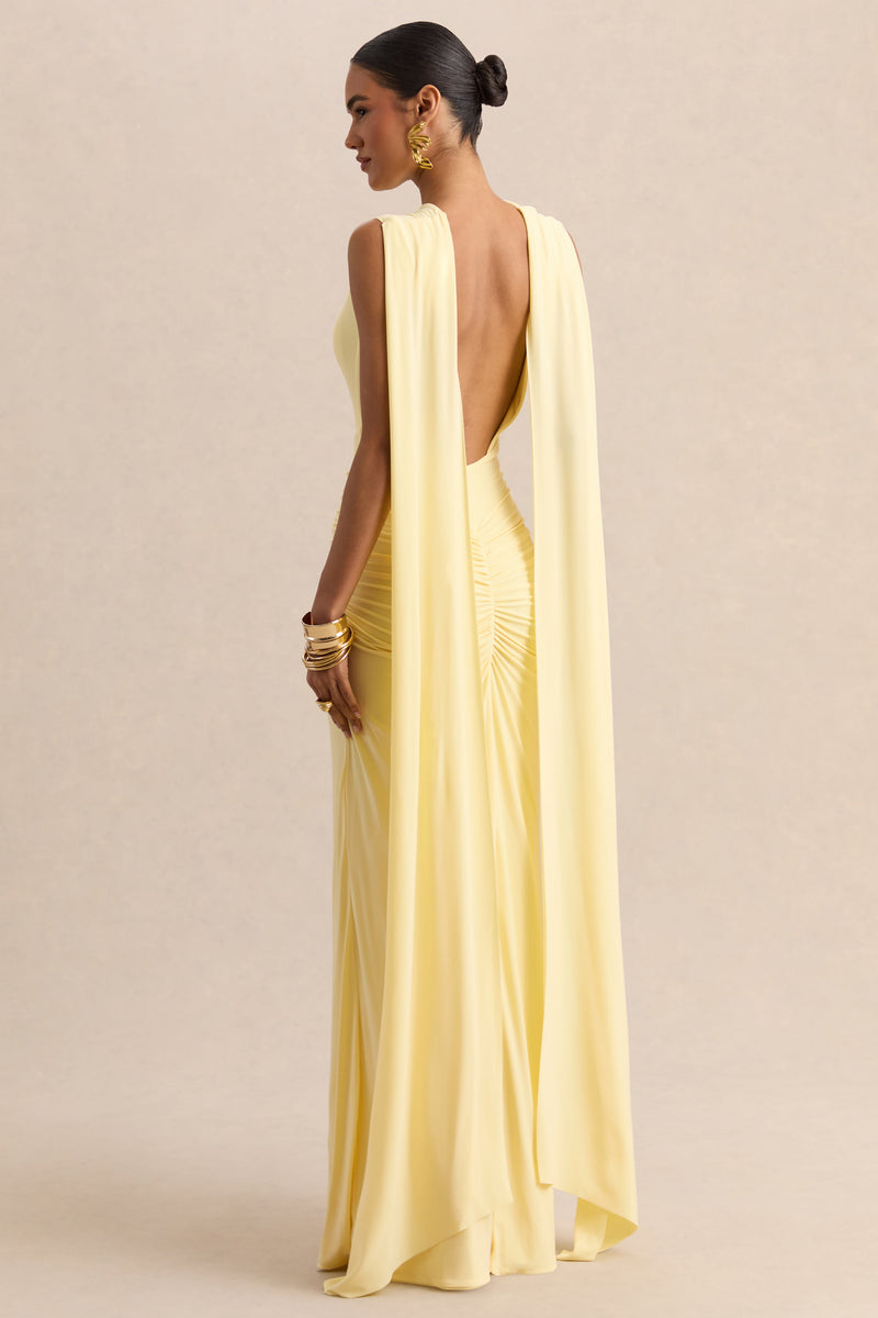 Premiere | Vestido largo amarillo limón con escote barco, mangas capa y espalda abierta