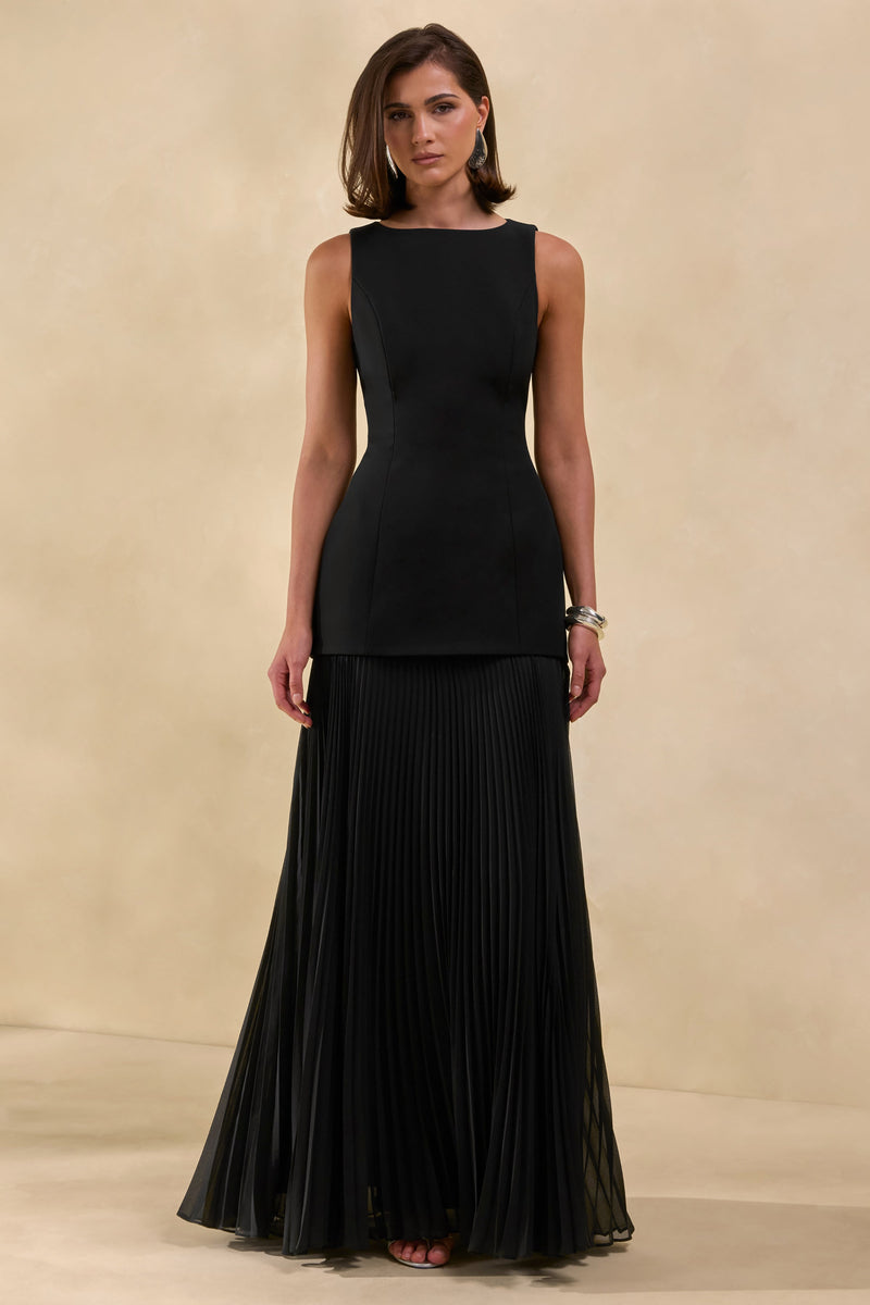 Hadley | Vestido maxi negro de cuello barco con cintura baja