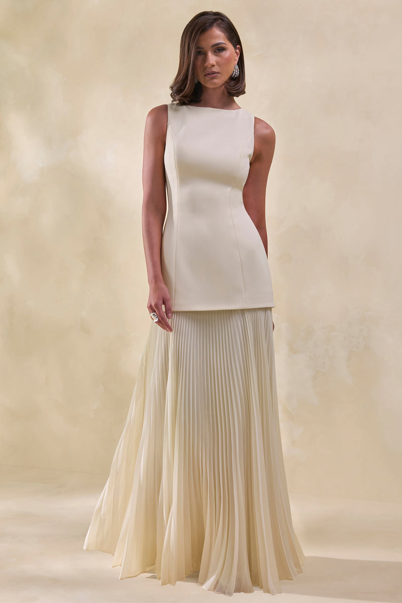 Hadley | Vestido largo color piedra con escote barco y cintura baja