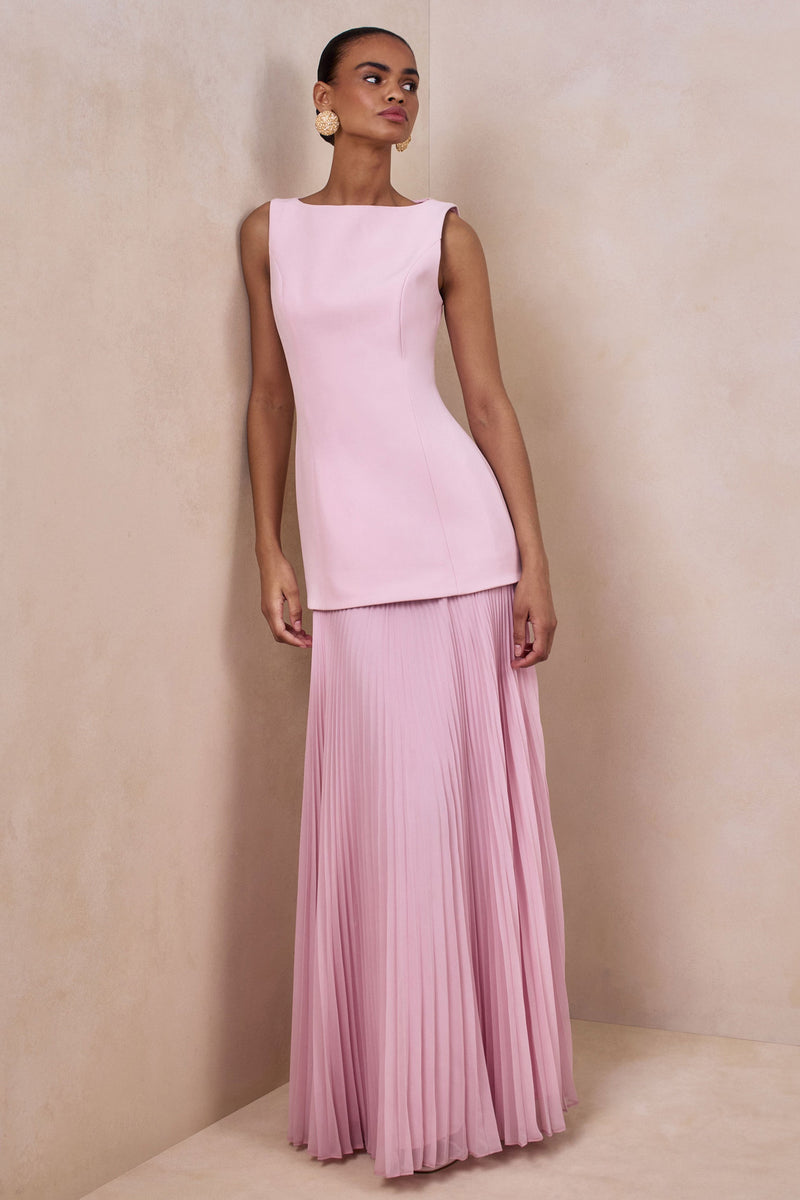 Hadley | Vestido largo rosa claro con escote barco y cintura baja