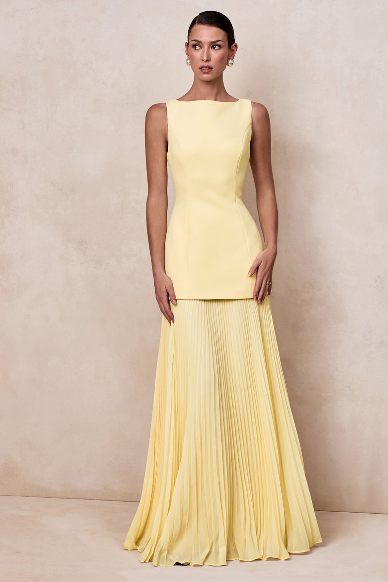 Hadley | Vestido largo color limón con escote barco y cintura caída