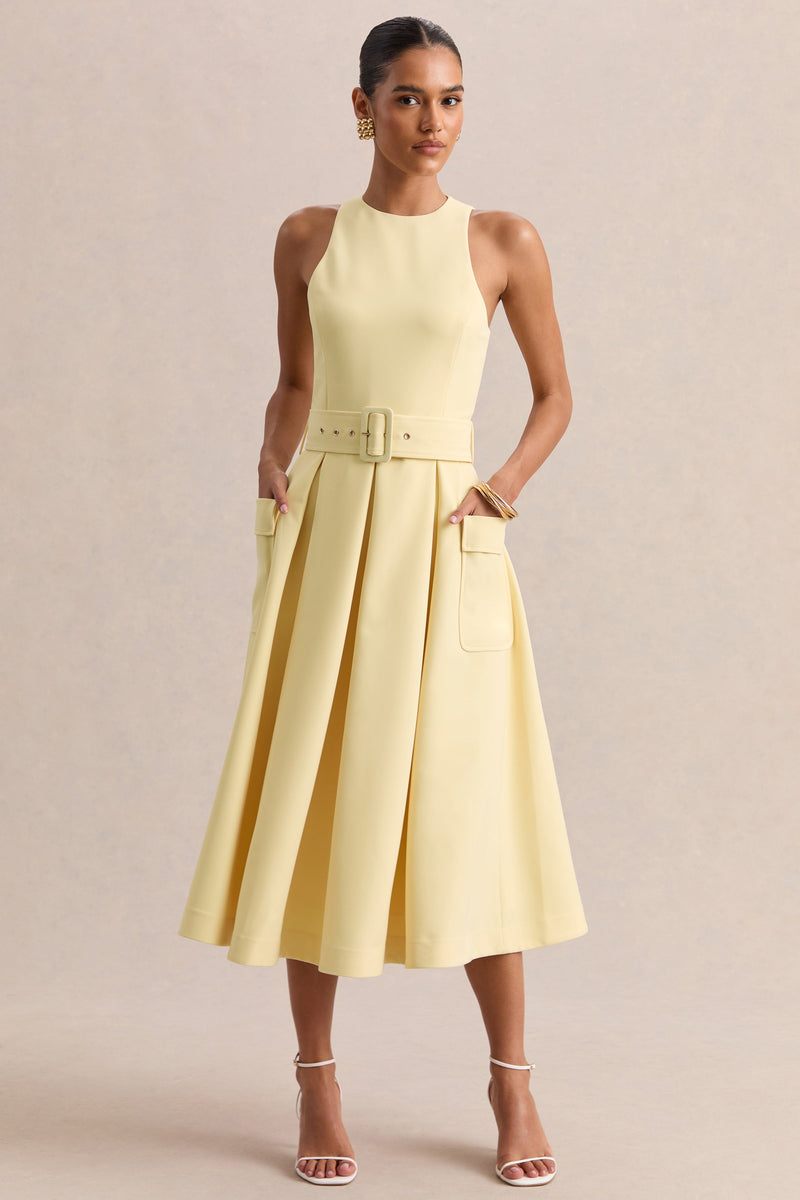 Magnora | Vestido midi color limón con cuello redondo y cinturón