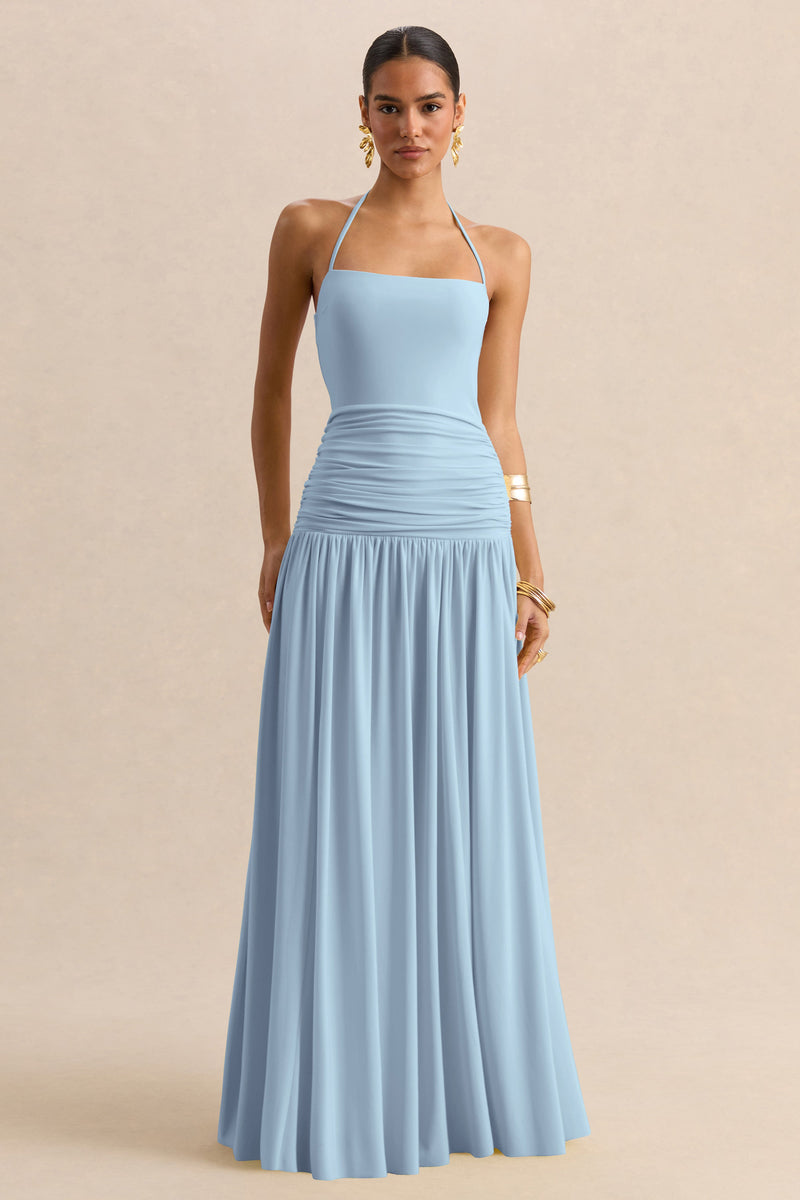 Nicolette | Vestido largo azul empolvado con escote cuadrado y detalles fruncidos