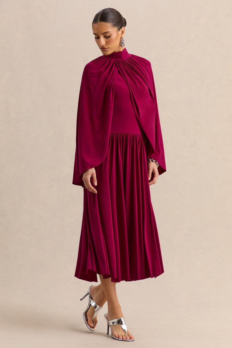 Honora | Vestido midi burdeos de cuello alto con mangas tipo capa