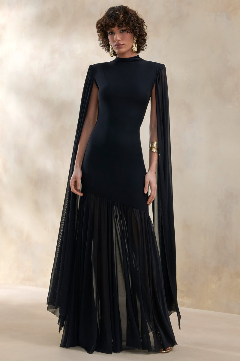 Chantelle | Vestido largo negro de cuello alto, cintura caída y mangas tipo capa
