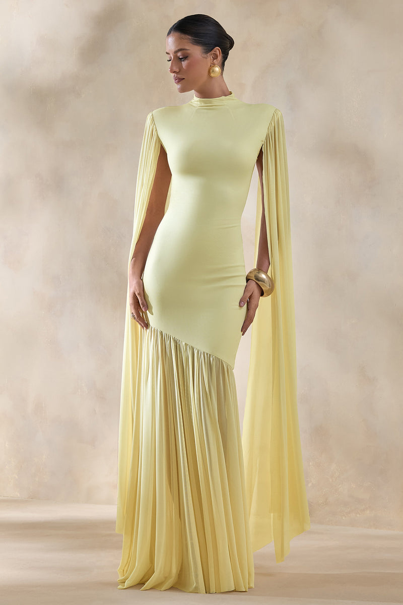 Chantelle | Vestido maxi amarillo limón con cuello alto, cintura caída y mangas tipo capa