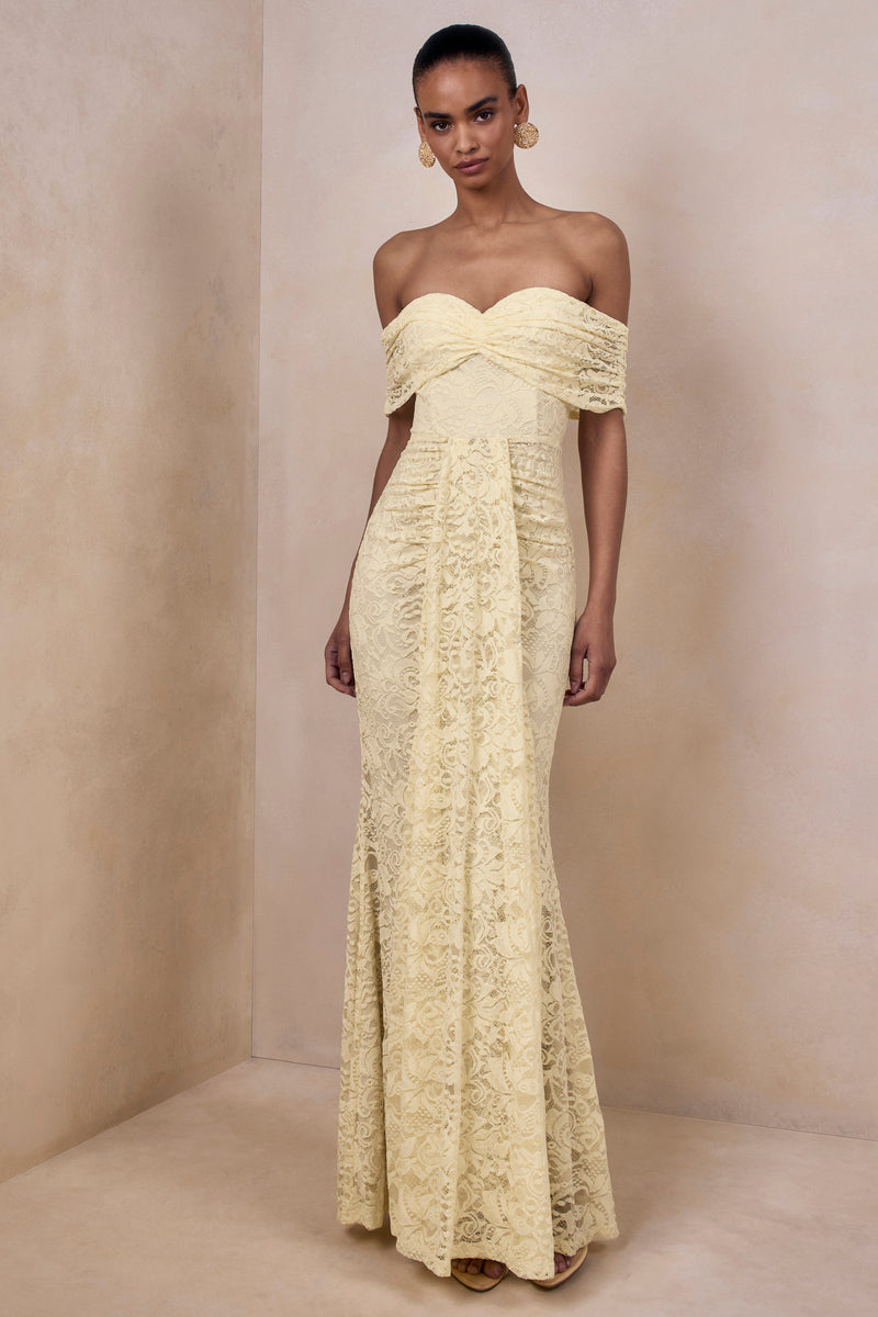 Aries | Vestido largo de encaje amarillo limón con escote Bardot y detalles fruncidos