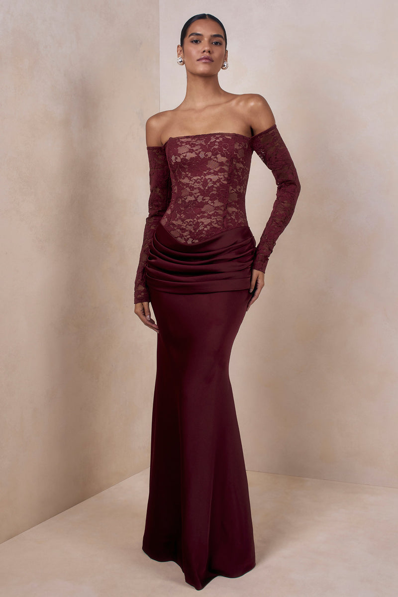 Rinna | Vestido largo de encaje burdeos con escote Bardot