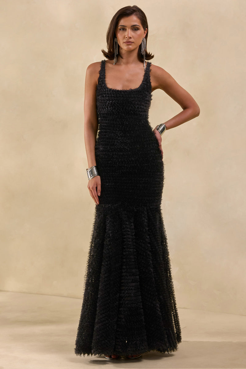 Sadine | Vestido maxi negro de escote redondo y corte sirena