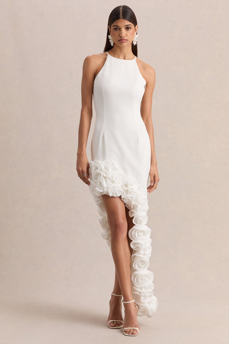 Indira | Vestido blanco largo de cuello halter con bajo floral asimétrico