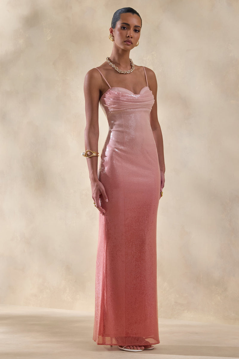 Feloria | Vestido largo coral degradado de lentejuelas con escote drapeado