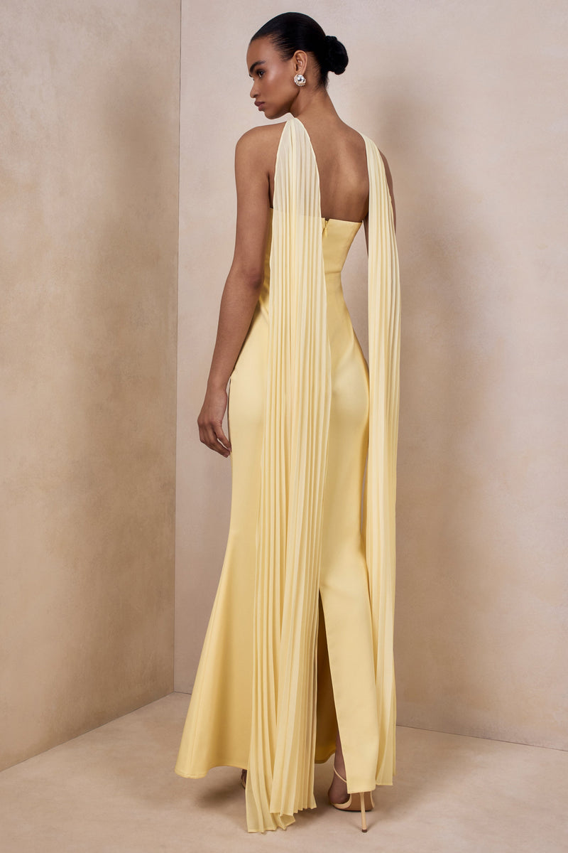 Avery | Vestido maxi bandeau color limón con pañuelo adornado
