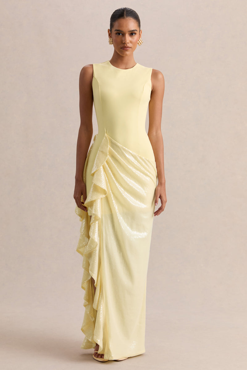 Ada | Vestido largo color limón con cuello redondo, falda transparente de lentejuelas y detalles de volantes