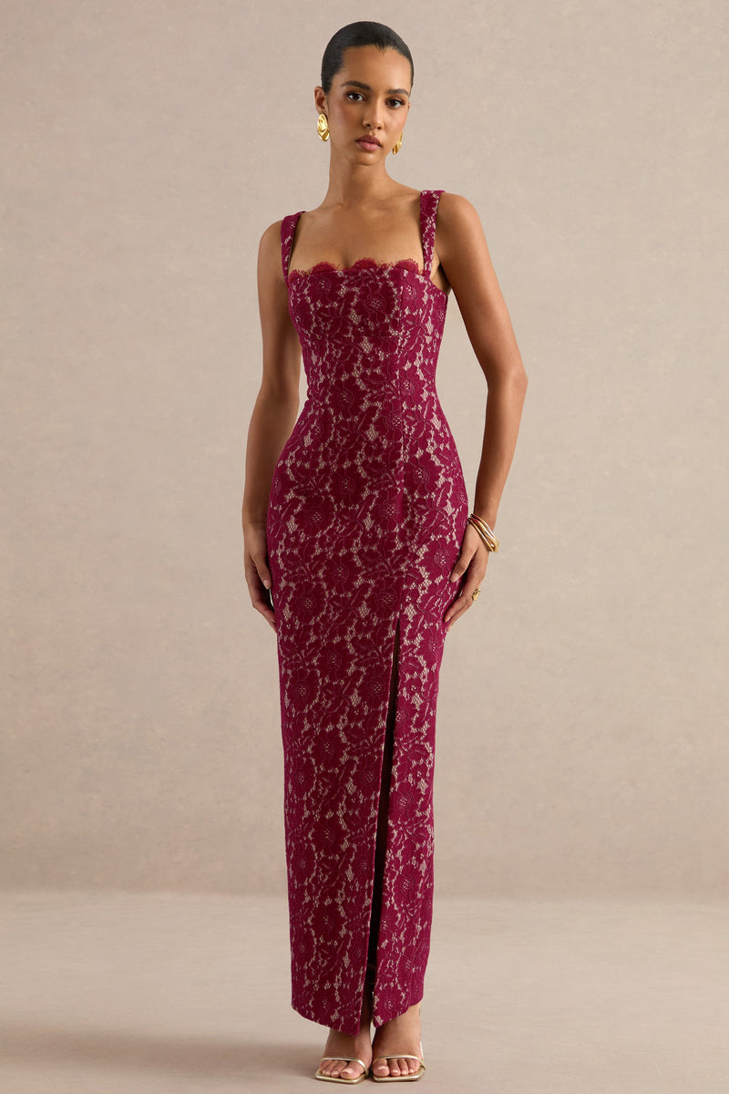 Zarisse | Vestido largo de encaje color burdeos con escote cuadrado
