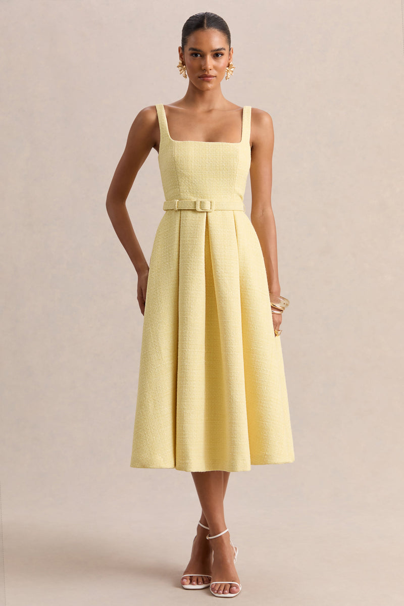 Camoria | Vestido midi de bouclé amarillo limón con escote cuadrado