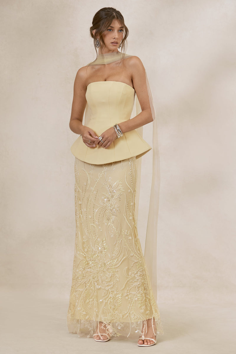 Lorna | Vestido largo bandeau color limón con pañuelo