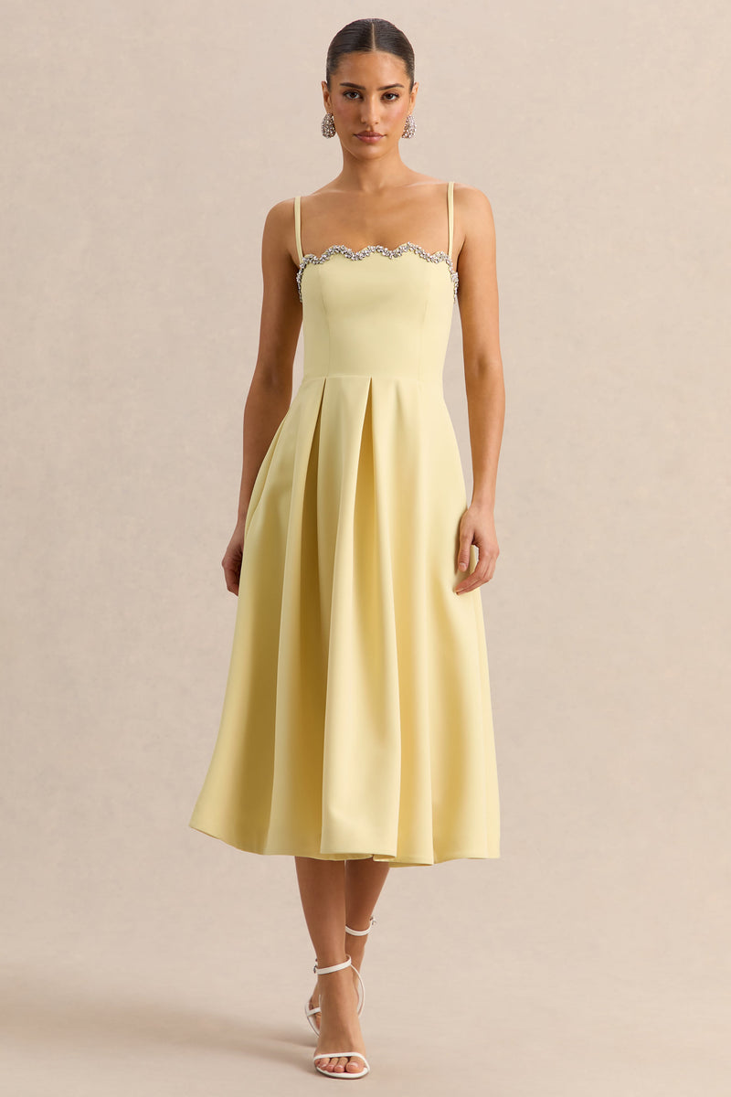 Evoria | Vestido midi amarillo limón con escote cuadrado festoneado