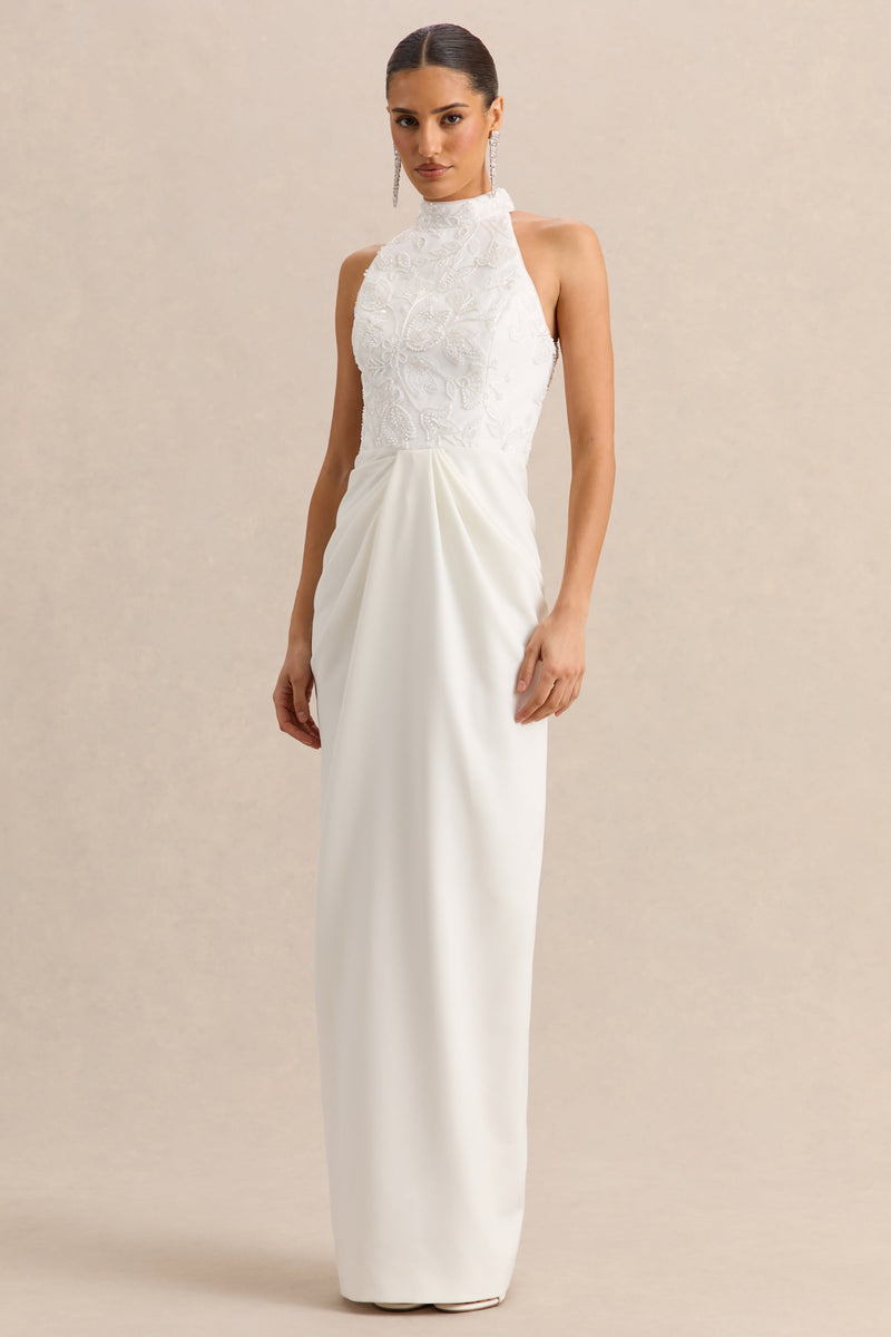 Charlotte | Vestido largo blanco de cuello halter con detalles fruncidos