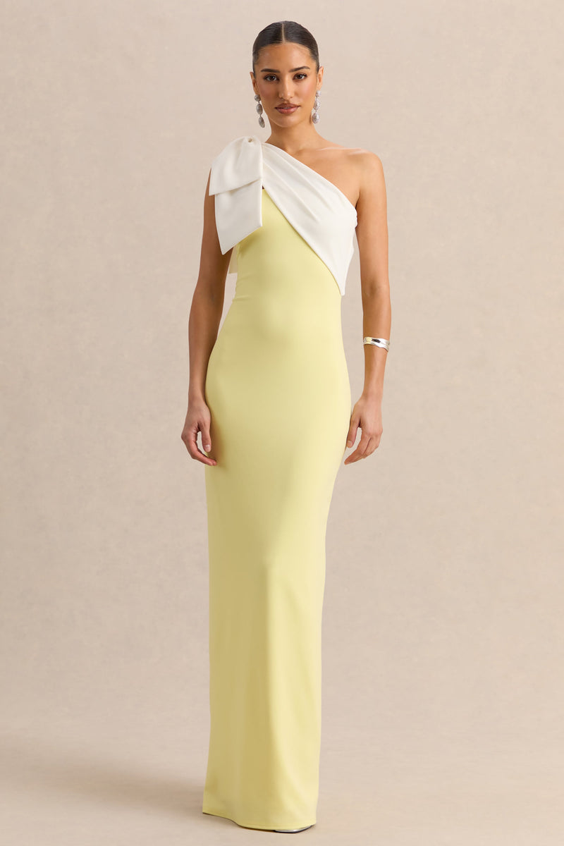 Adara | Vestido maxi amarillo limón y blanco con escote asimétrico y detalle de lazo