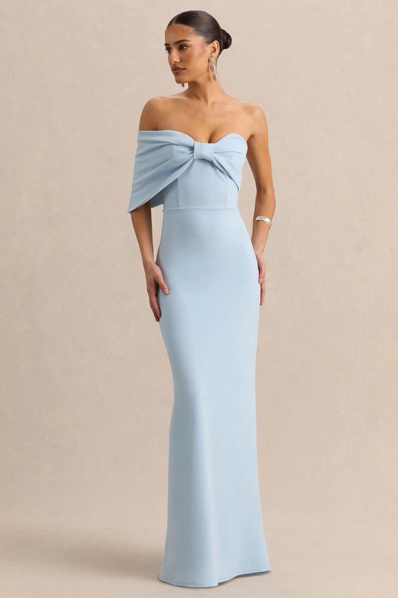 Agatha | Vestido largo de escote Bardot con lazo en azul empolvado