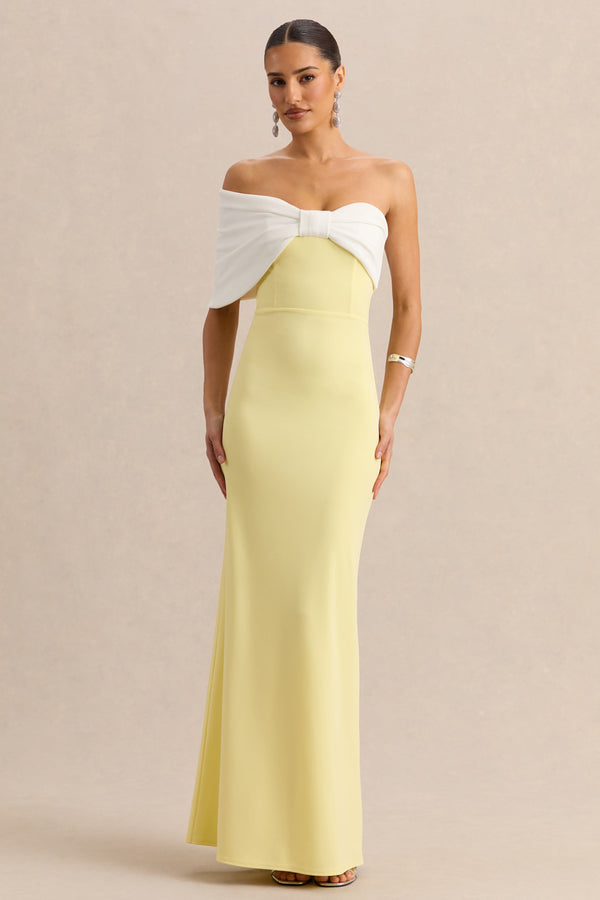 Agatha | Vestido largo amarillo limón y blanco con lazo y escote Bardot
