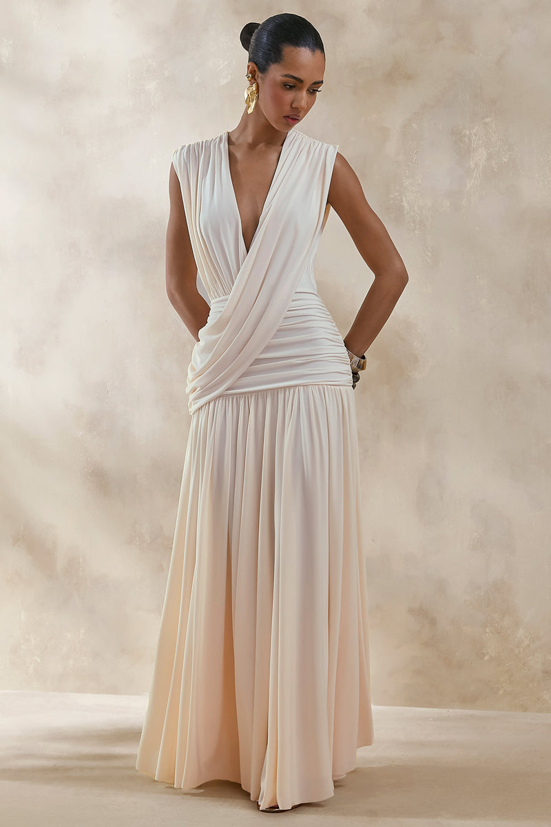 Glorina | Vestido largo color crema con escote pronunciado y detalles drapeados