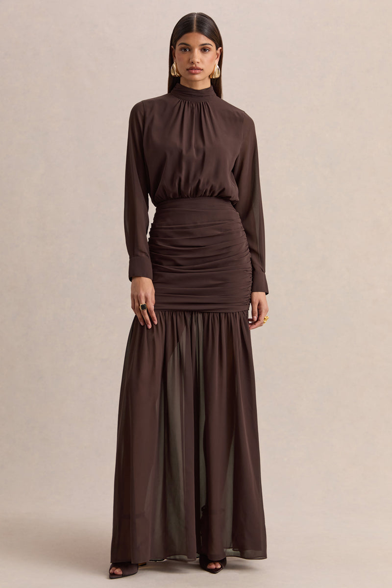 Zella | Vestido maxi marrón de cuello alto con falda semitransparente