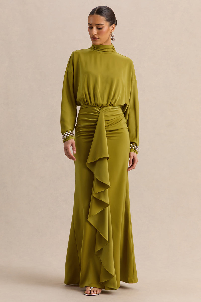 Perla | Vestido largo oliva de cuello alto con detalles fruncidos