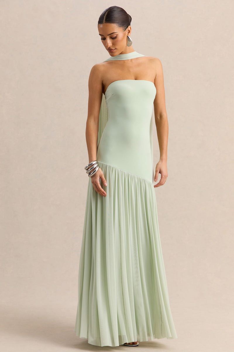 Bambi | Vestido maxi bandeau color menta con detalle de pañuelo