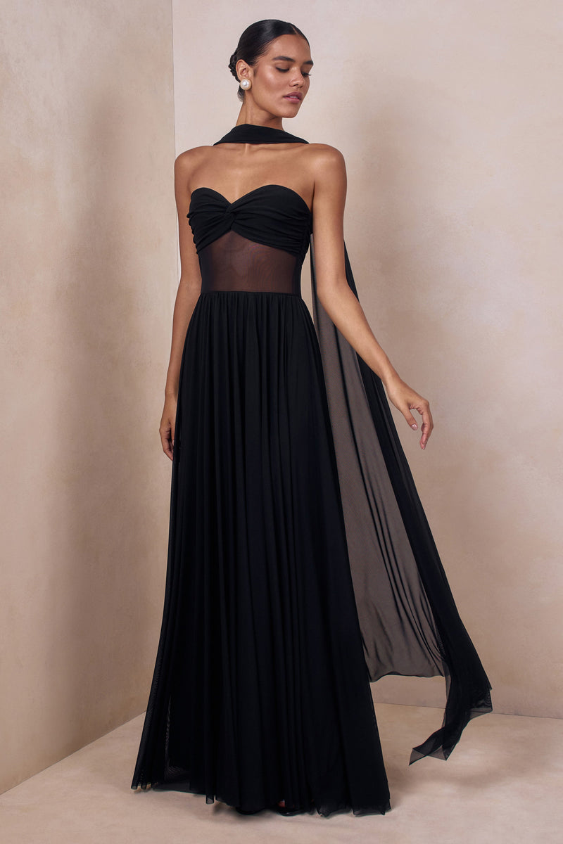 Lyvoria | Vestido maxi negro tipo bandeau con detalles de malla y pañuelo