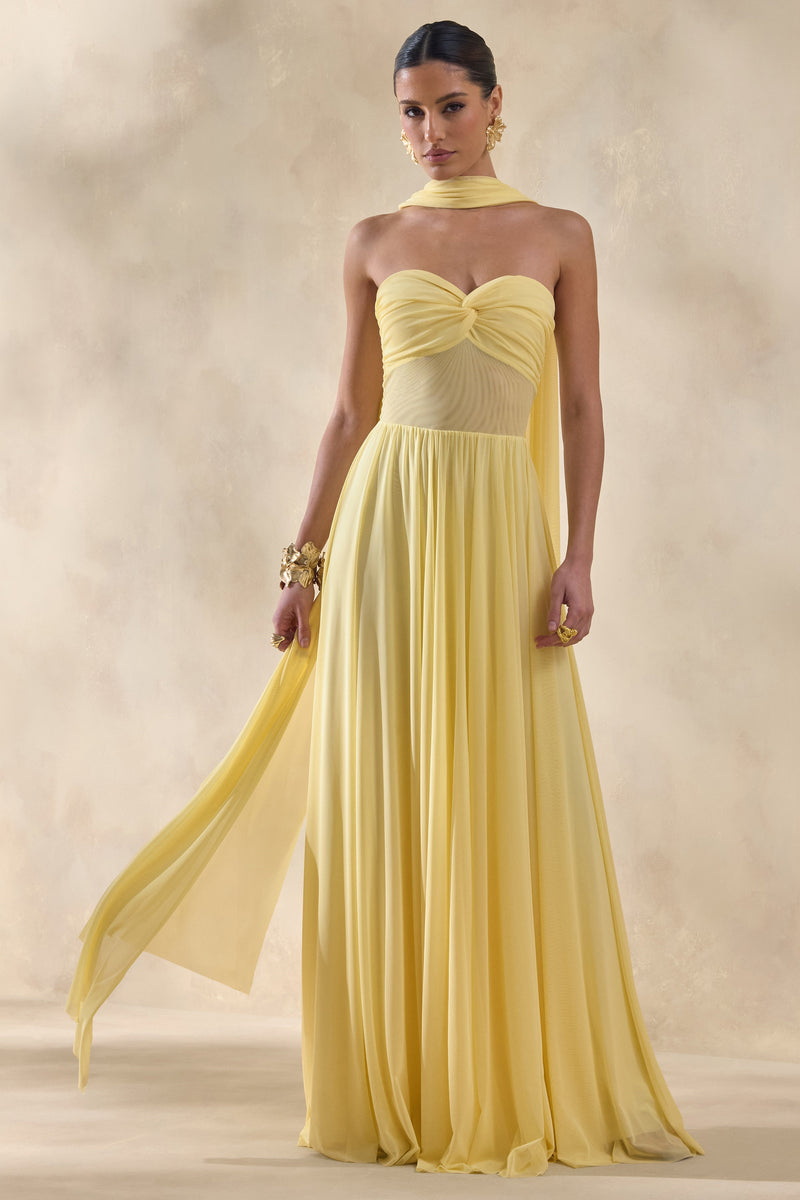 Lyvoria | Vestido largo color limón con escote bandeau, detalles de malla y pañuelo