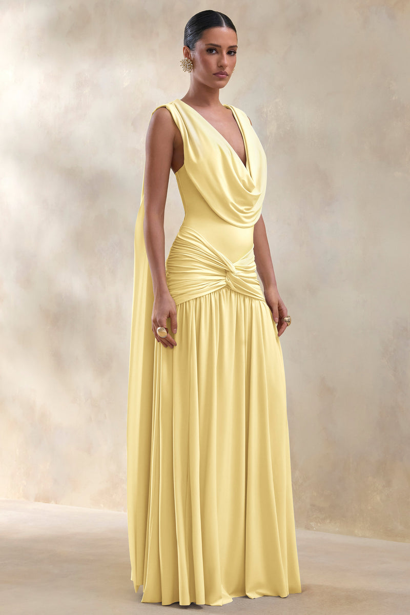 Amelisse | Vestido largo amarillo limón con escote pronunciado y detalles fruncidos