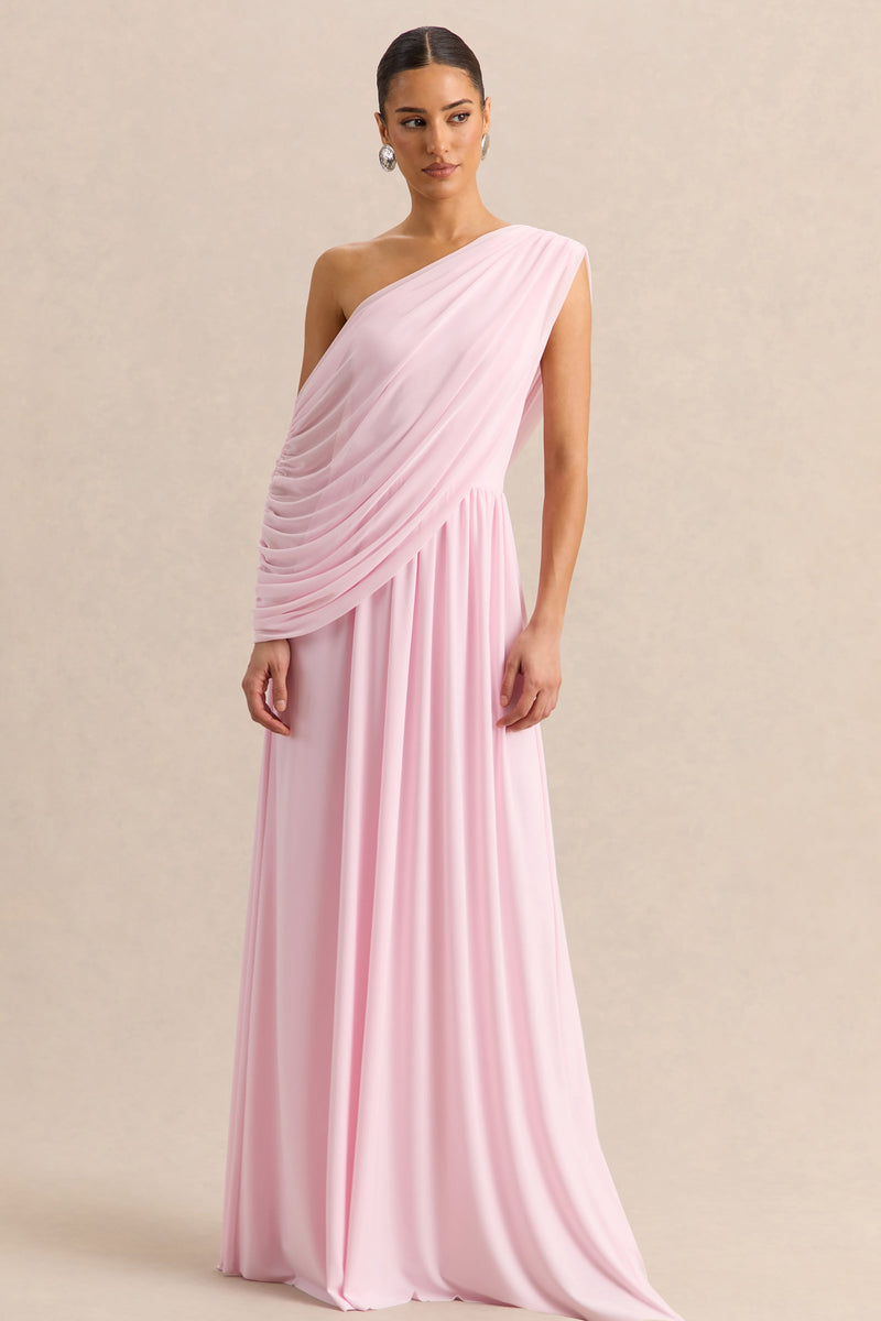 Sabianna | Vestido maxi rosa con escote asimétrico y detalle drapeado